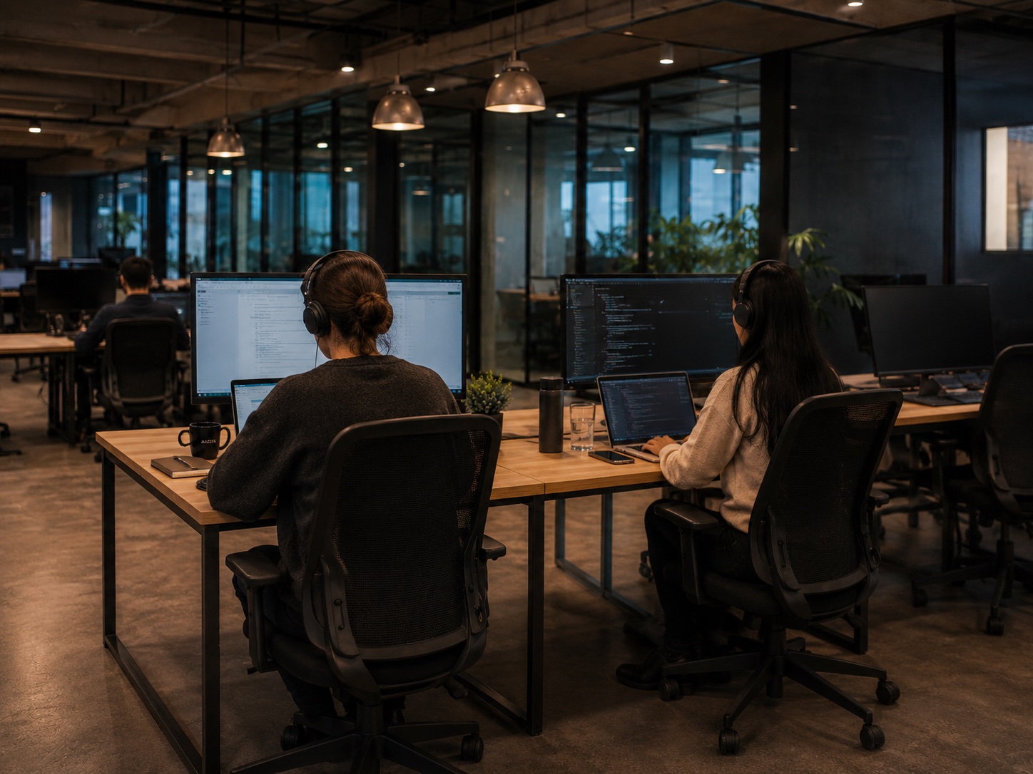 Two Autias engineers in focused work on dual monitors, headphones on, late-shift coding